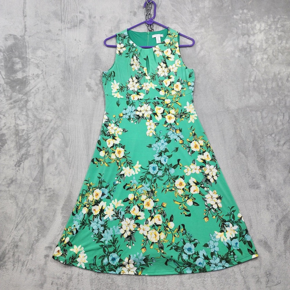London Times Dress Women 10P PETITE Green Floral Pleated Keyhole Sleeveless Midi